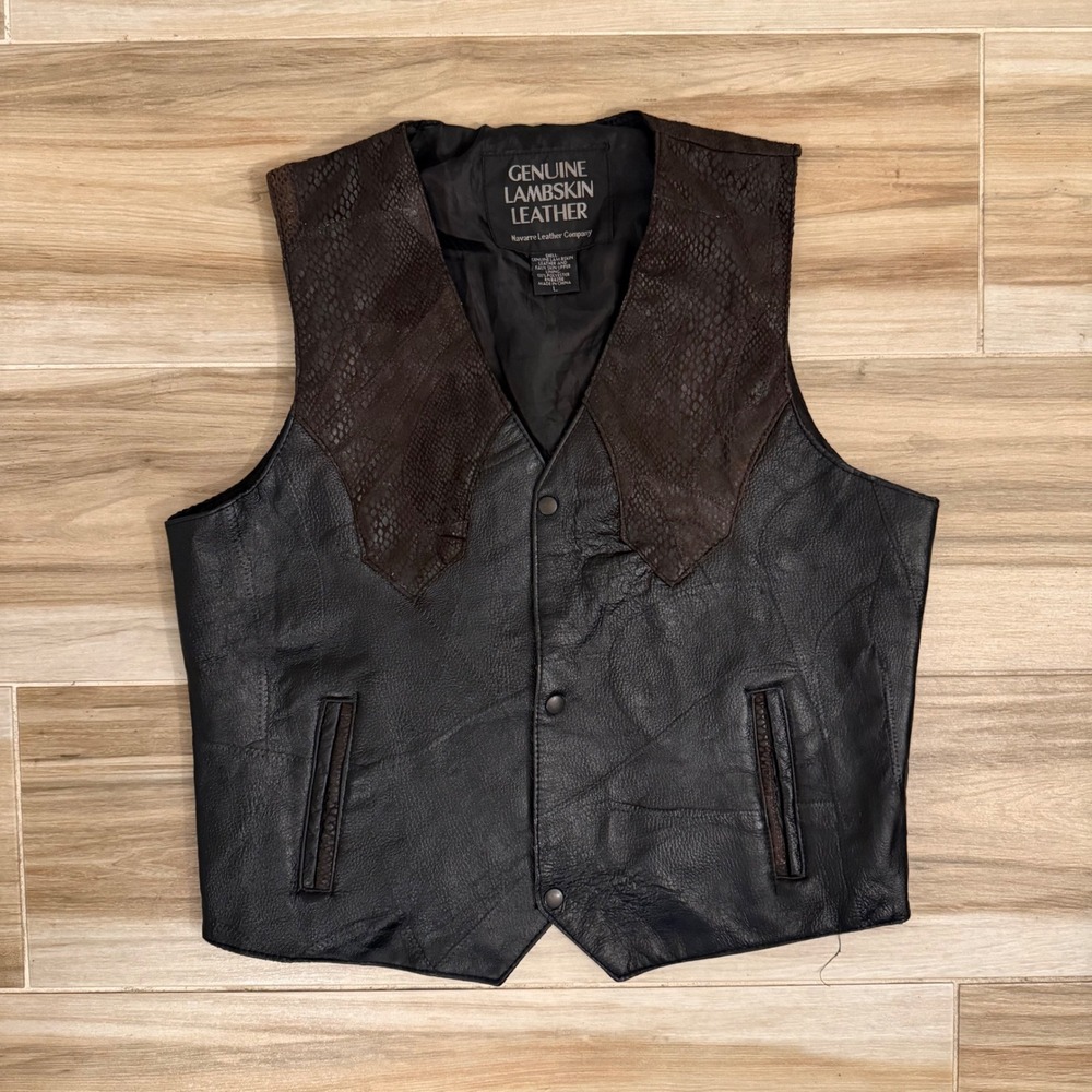 Navarre Leather Company Lambskin Leather Vest Black Brown Snakeskin Yoke Mens L